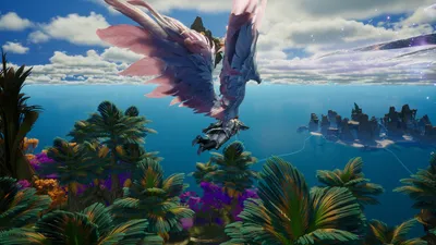 Official AION 2 screenshot of a winged Daeva gliding above an ocean archipelago