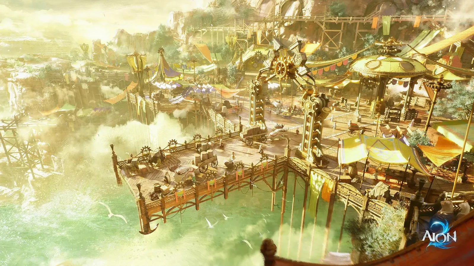 Official AION 2 key art of a golden citadel above the clouds